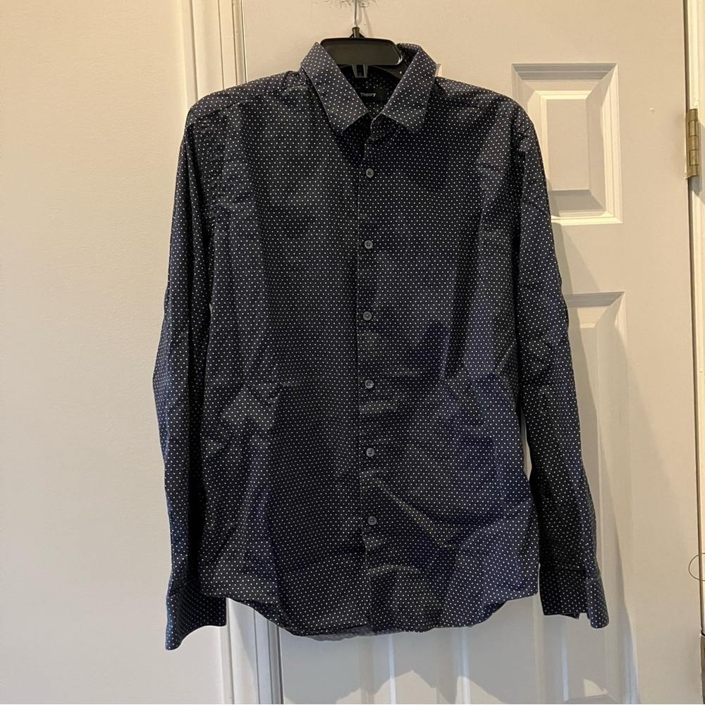 Theory Mens Navy Blue Dots Long Sleeve Collard Shirt (L)
